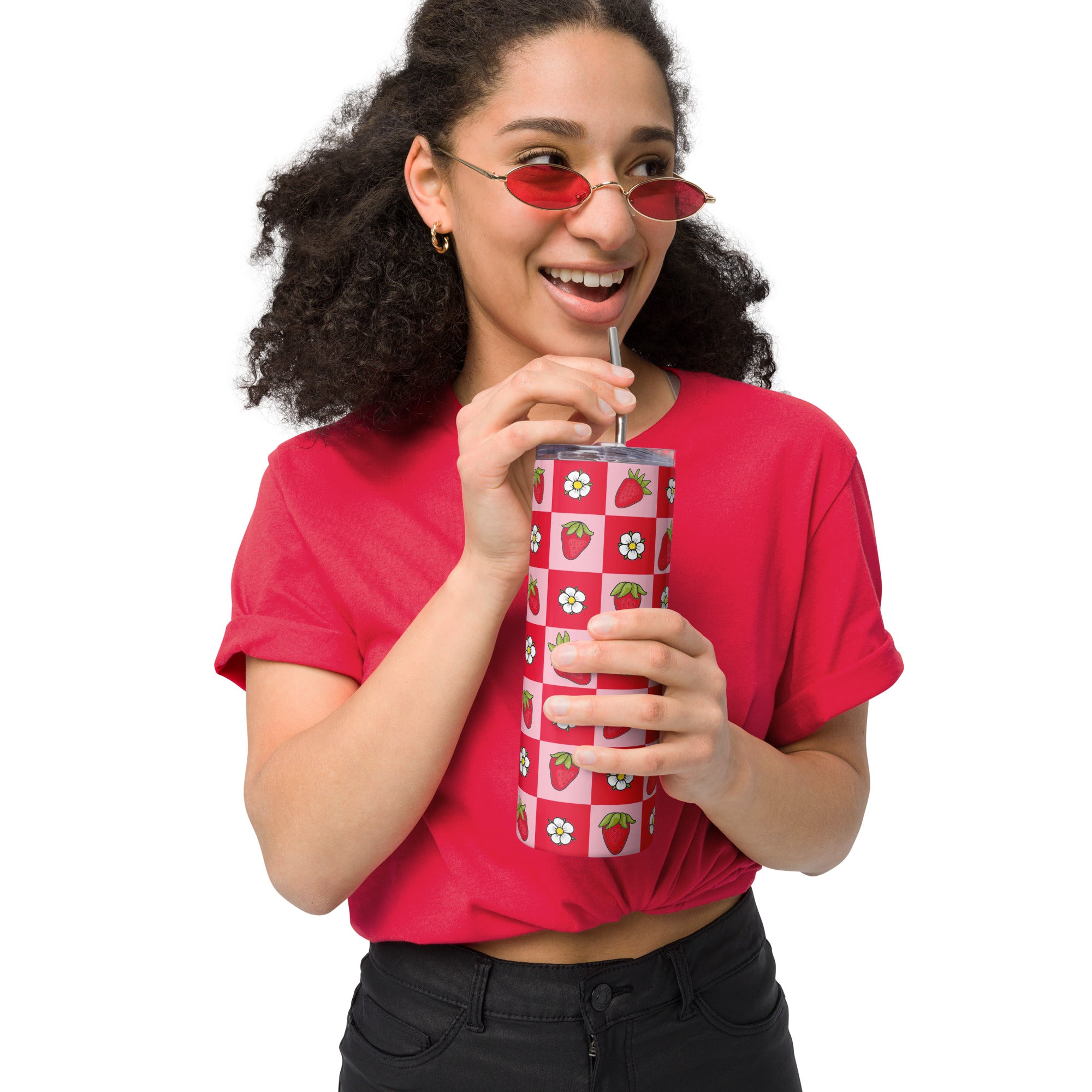 Strawberry Checkered Stainless Steel Tumbler