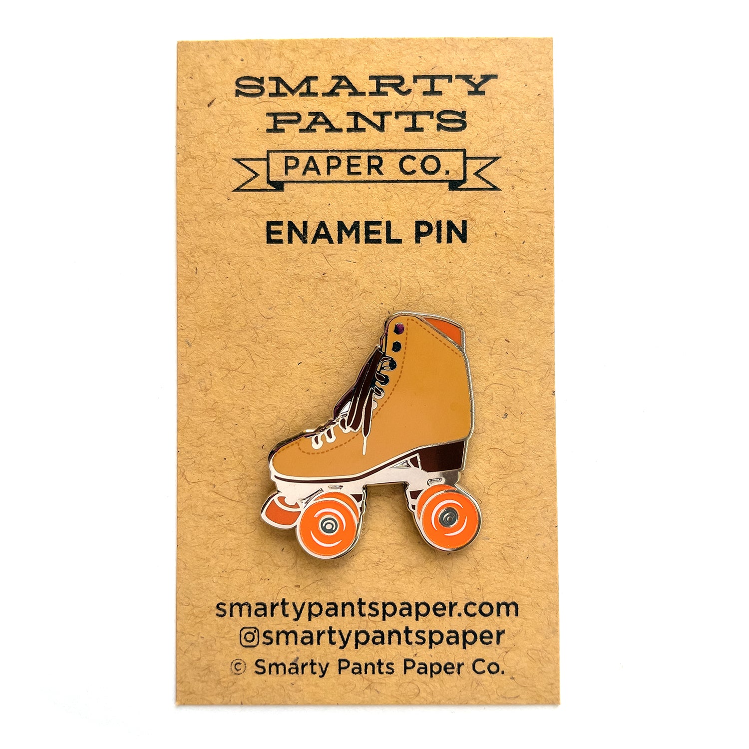 Brown roller skate pin with glow in the dark wheels