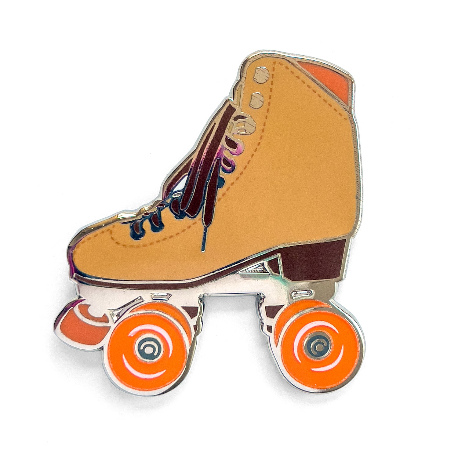 Brown roller skate pin with glow in the dark wheels