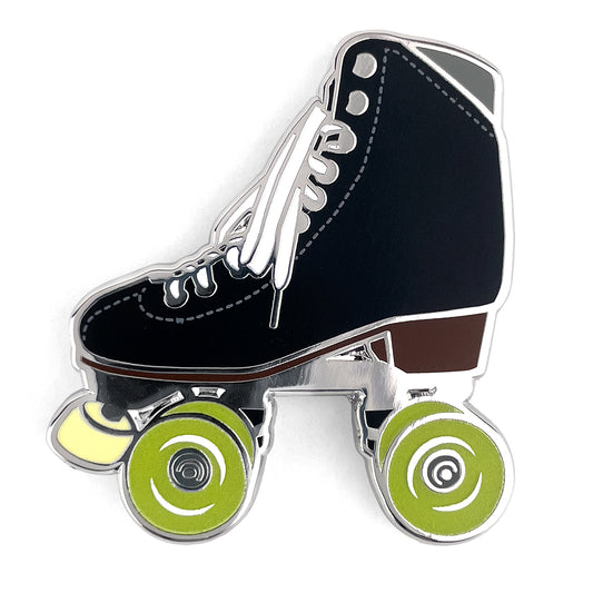 Black roller skate pin with glow in the dark wheels